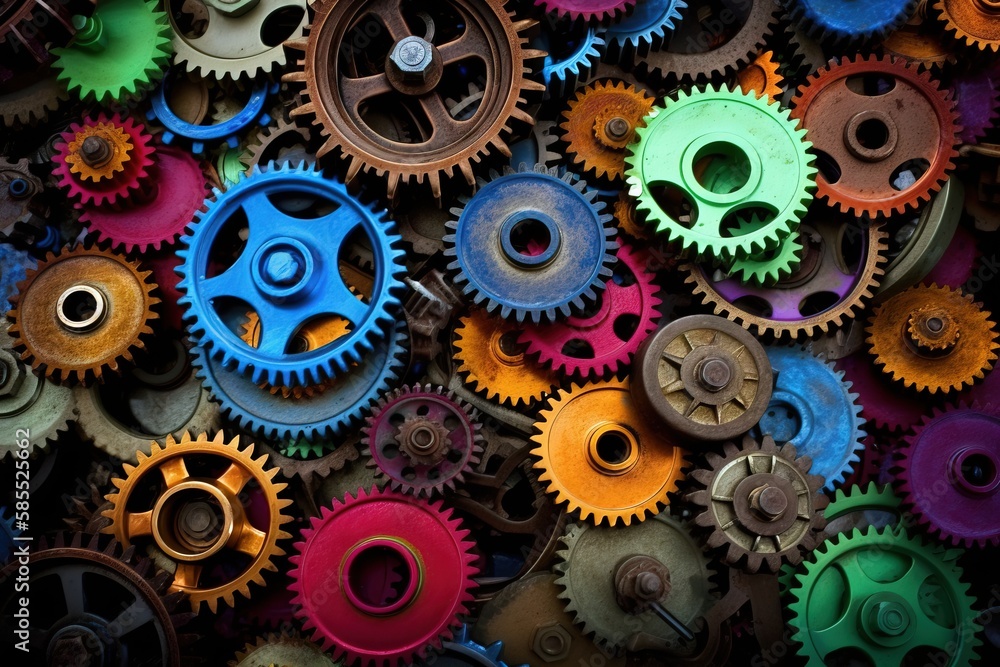Aufkleber a pile of colorful gears sitting next to each other on top of a floor of other colors and sizes of g