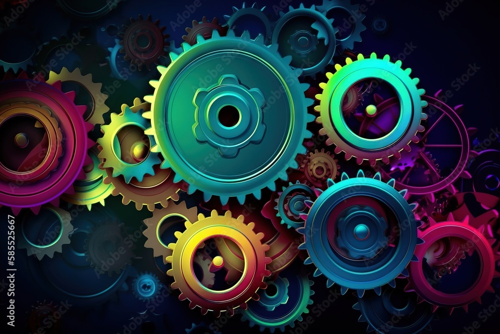 Poster a group of colorful gears on a black background with a blue center and a yellow center on the center