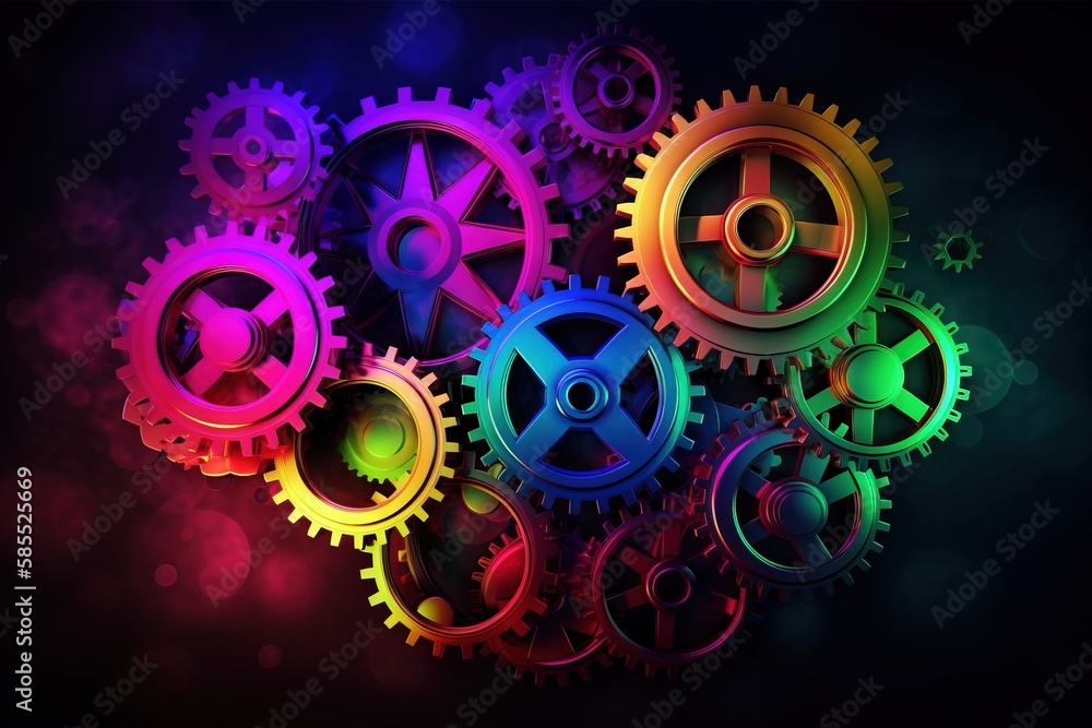 Aufkleber a group of colorful gears on a black background with a colorful light behind them and a black backgr