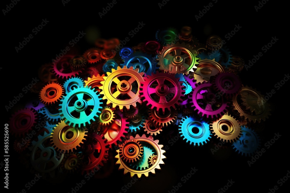 Poster a group of colorful gears on a black background with a black light in the middle of the image and a 