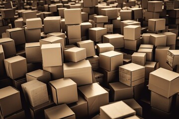  a lot of boxes that are stacked up in a room with no one in them or one in the middle of the room with the boxes on the floor.  generative ai