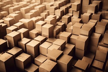  a large group of boxes that are stacked together in a room with a wall of them in sepia tone, with a black and white background.  generative ai