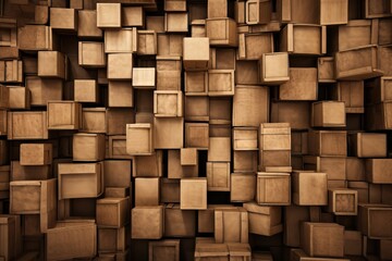  a very large amount of wooden boxes stacked together in a room with a wall of wood boxes on the wall behind it and a wall of wood boxes on the wall.  generative ai