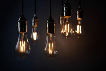  a group of light bulbs hanging from a ceiling in a dark room with a black background and a few light bulbs hanging from the ceiling.  generative ai