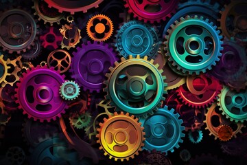  a bunch of gears that are all different colors and sizes on a black background with a red, yellow, blue, and green circle in the center.  generative ai - obrazy, fototapety, plakaty