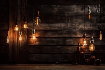  a bunch of light bulbs hanging from a wooden wall in a dark room with a wooden floor and a wooden wall behind them is a light bulb is hanging from the ceiling.  generative ai