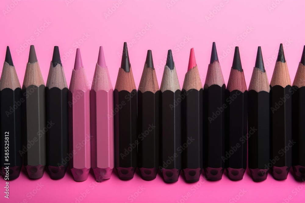 Poster a row of black pencils lined up against a pink background with a pink background behind them and a r