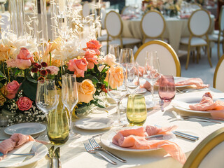 Wedding banquet concept. Chairs and round table for guests, served with cutler and, flowers and crockery and covered with a tablecloth