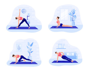 Young woman training yoga at home. Sporty girl doing stretching exercises. Sport and fitness indoor concept. Elastic band, arm sport mat. Healthy exercises isolated print icons. Vector illustration