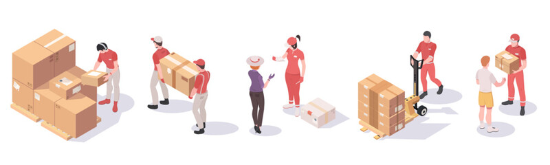 Set of warehouse workers and buyers in 3d isometric design. Stack of cardboard and carton boxes isolated on white background. Online store shipment collection with packaged goods. Vector illustration
