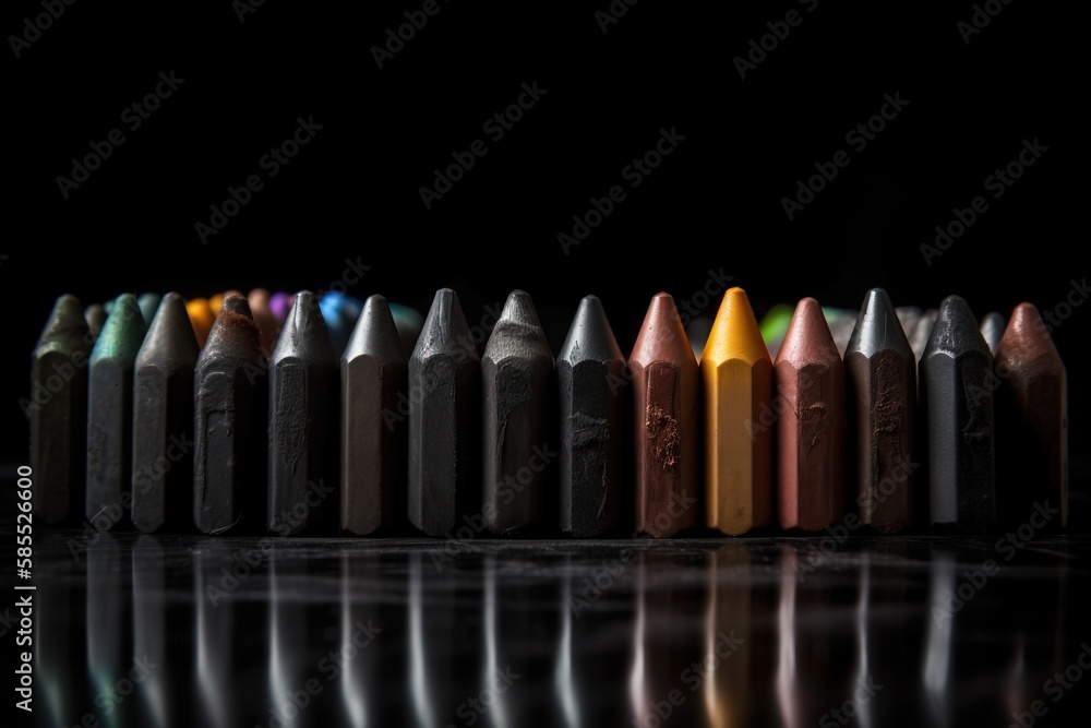 Poster a row of crayons sitting on top of a table next to each other on a black surface with a reflection o