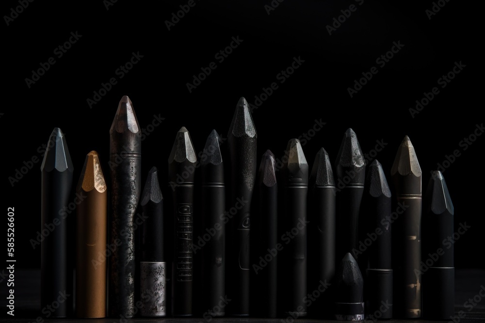 Poster a row of different types of pens lined up in a row on a black surface with a black background and a 