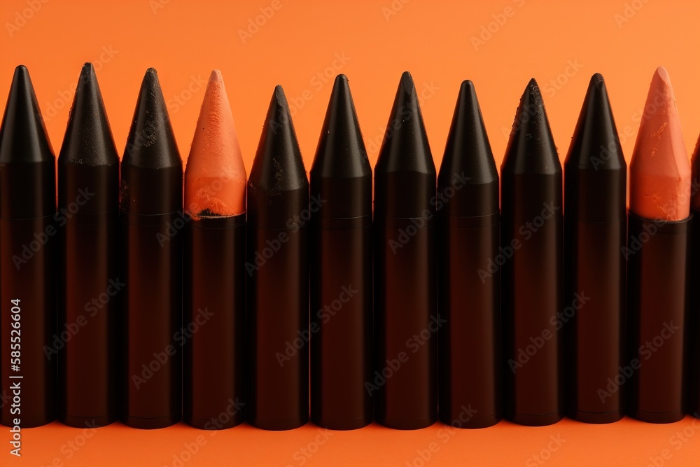 Poster a row of black pencils lined up against an orange background with the tip of the pencil in the cente