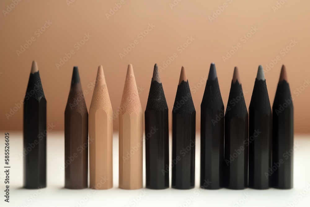 Poster a group of pencils lined up in a row on a table next to each other on a white tablecloth with a brow