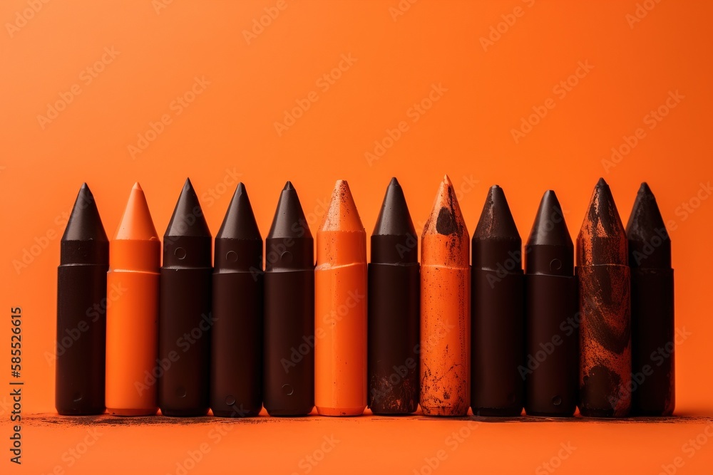 Aufkleber a row of orange crayons sitting on top of each other on an orange background with a black eraser in 