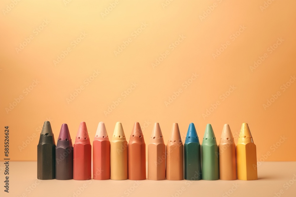 Poster a row of colored crayons sitting on a table in front of a yellow background with a light orange wall