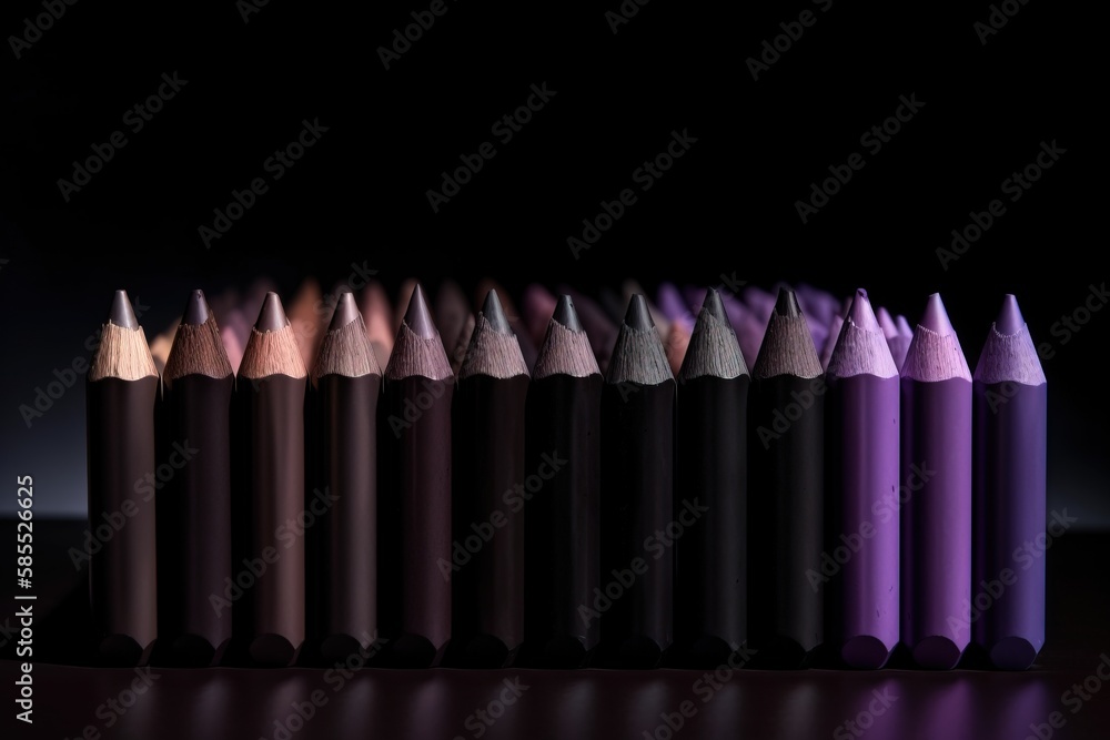 Poster a row of different colored pencils sitting on a black surface with a black background and a black ba