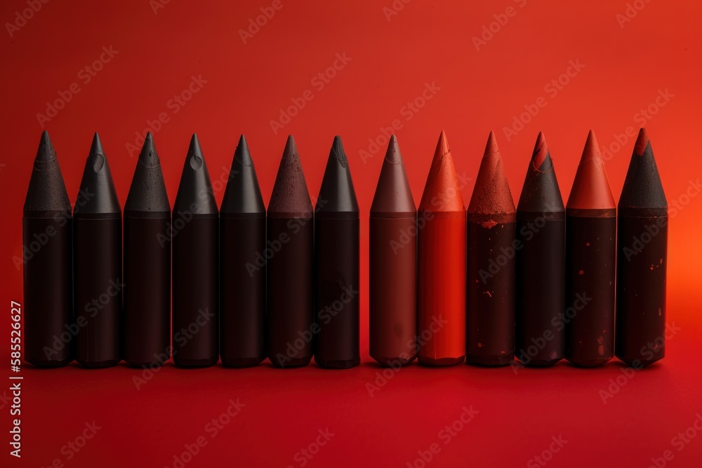 Poster a row of black crayons on a red background with a red background and a red background with a black c