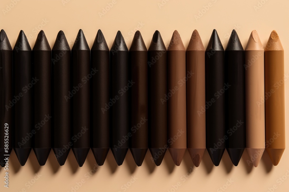 Poster a row of different colored pencils lined up in a row on a beige background with a shadow of the penc