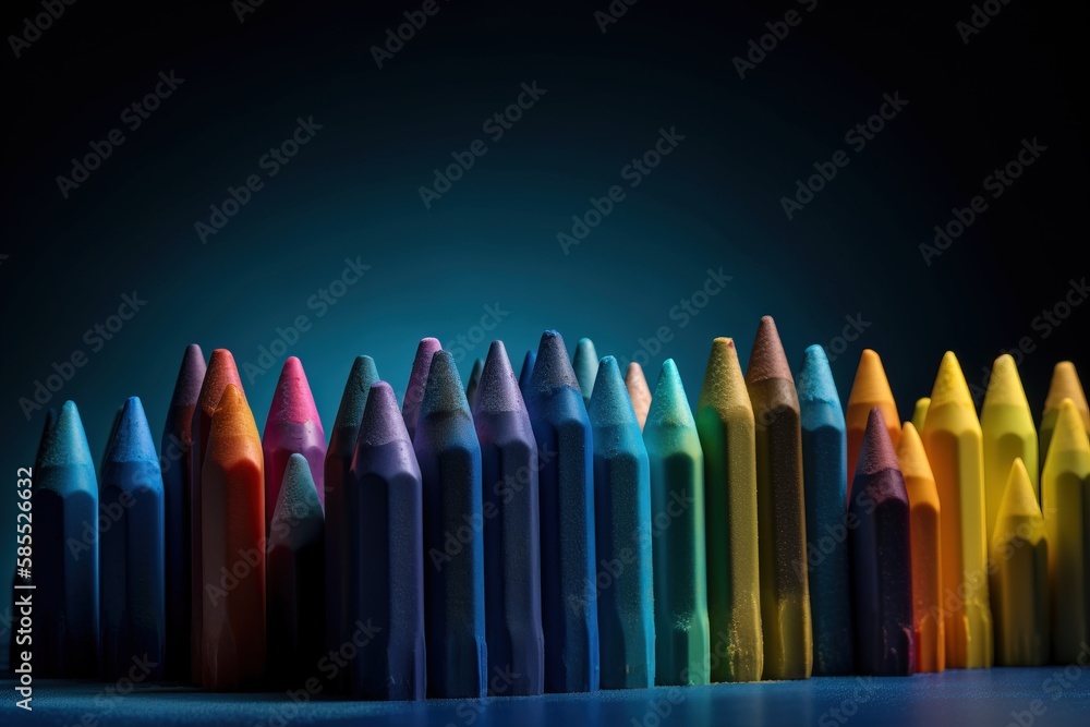 Poster a row of colored crayons on a blue background with a black background and a blue background with a b