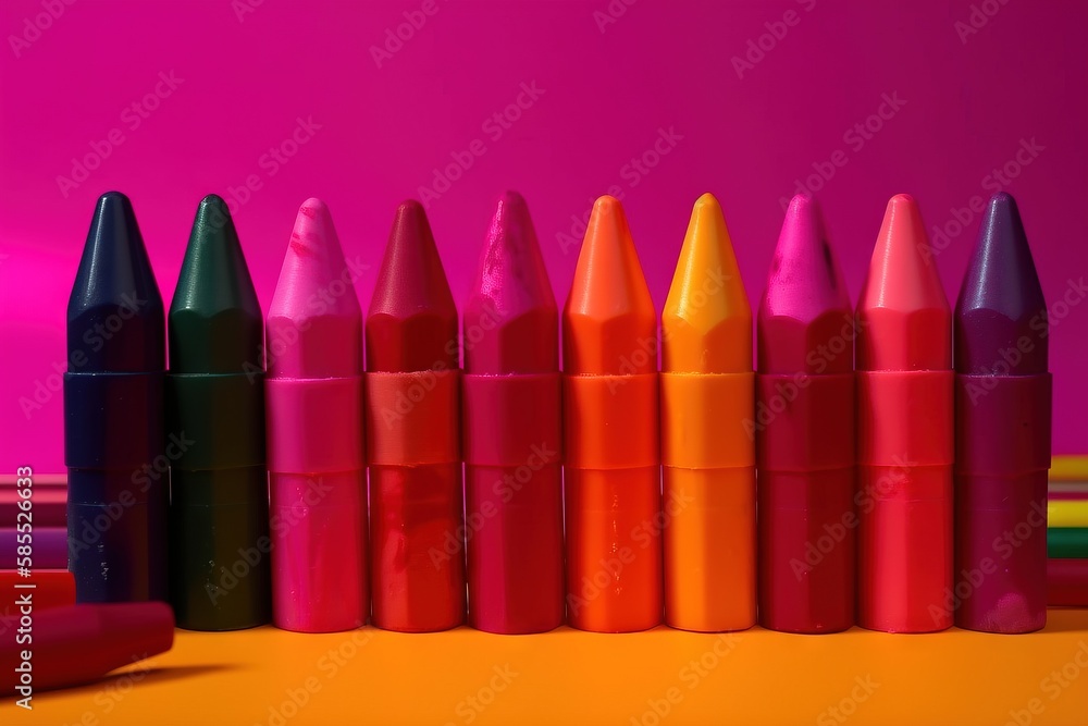 Poster a row of crayons sitting on top of a table next to each other on a pink and orange surface with a pi
