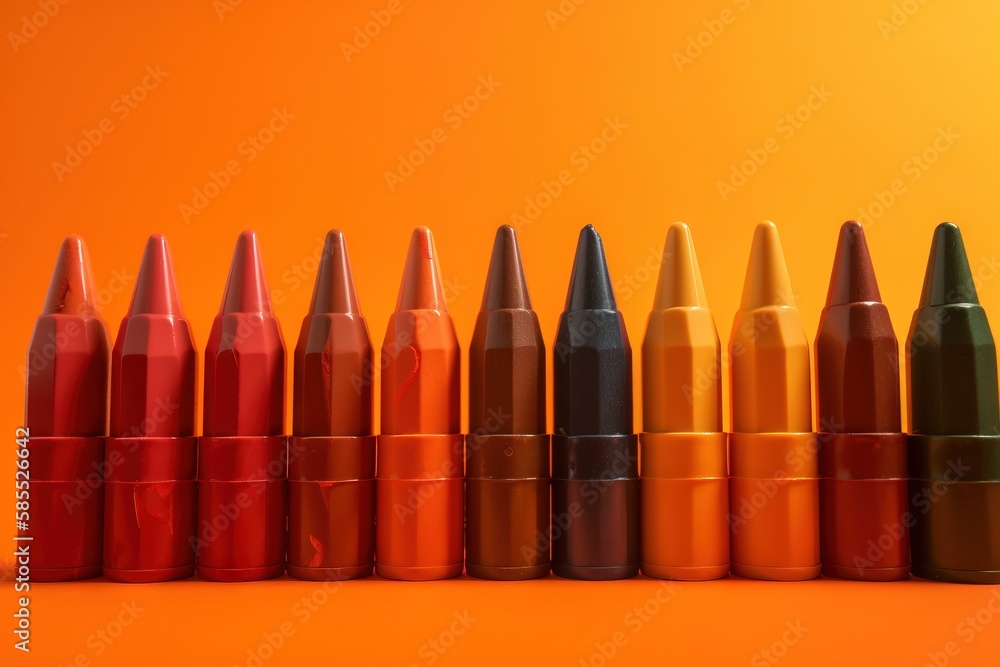 Poster a row of different colored crayons on an orange background with a yellow background and a black one 