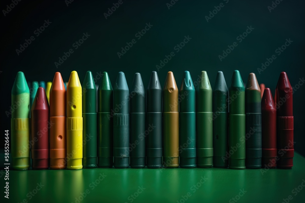 Poster a row of different colored crayons sitting on a green surface with a black background and a green ba