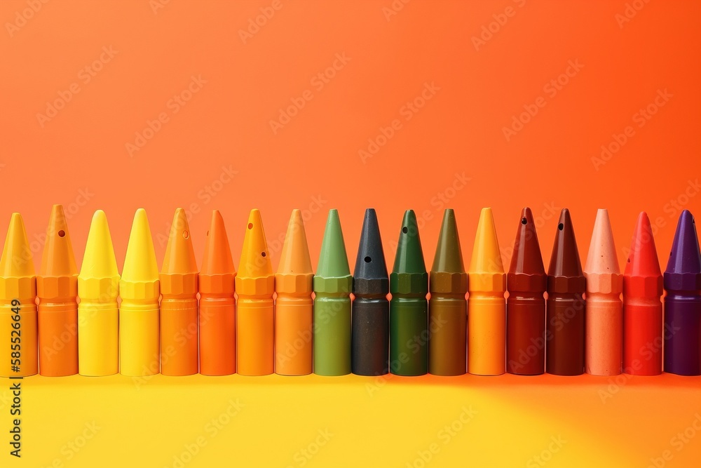 Poster a row of different colored crayons on a yellow background with a red background behind them and a ye