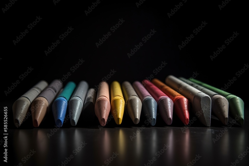 Poster a row of colored crayons sitting on a table in a row on a black background with a black background a