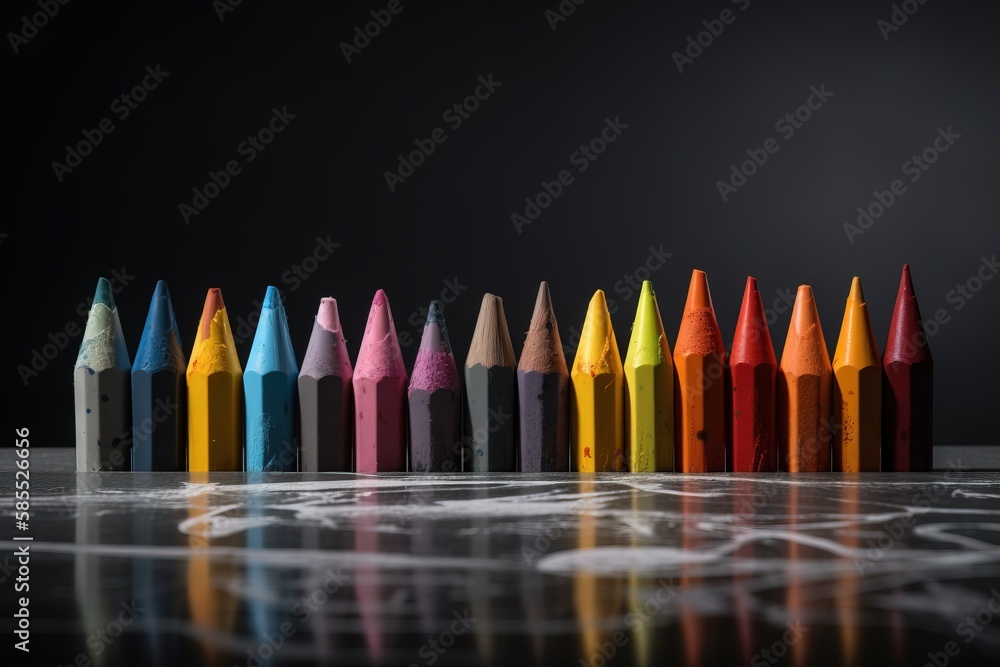 Poster a row of colored pencils sitting on top of a table next to a black wall with a reflection on the flo