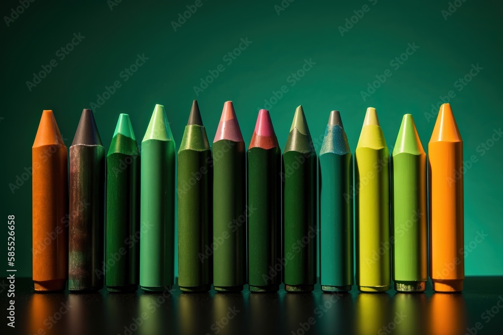Poster a row of colored crayons sitting on a table in front of a green background with a green background b