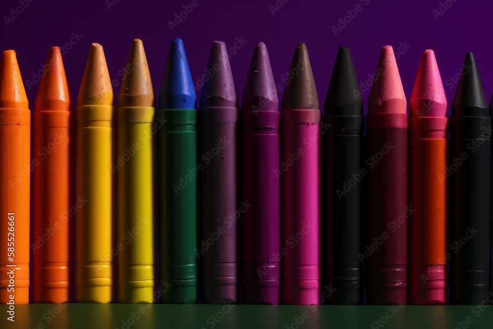 Aufkleber a row of different colored crayons sitting on a table next to a purple background with a purple back