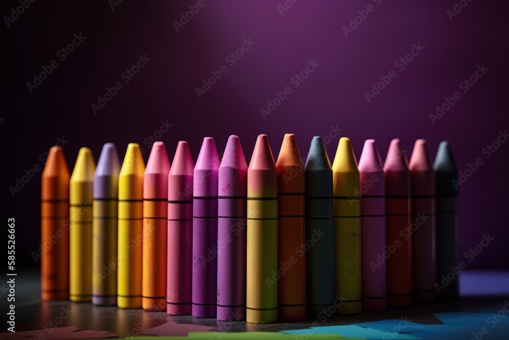 Poster a row of colored crayons lined up in a row against a purple background with a star pattern on the bo