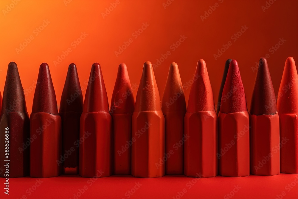 Poster a row of red crayons sitting on top of a red table next to a red wall and a red wall behind them is 