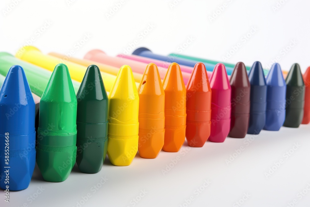 Poster a row of crayons lined up in a row on a white background with a white background and a white wall in