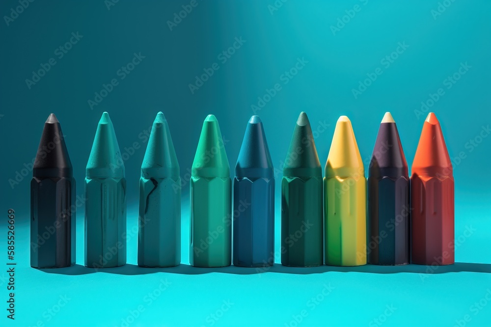 Poster a row of different colored crayons on a blue background with a shadow of the crayon crayon crayons. 