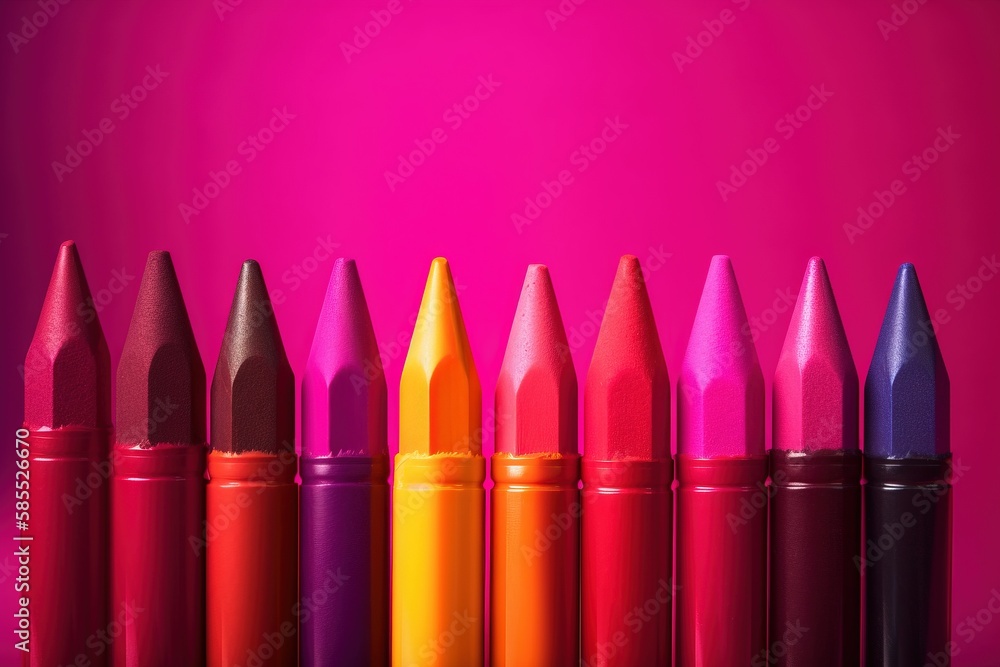 Poster a row of different colored crayons on a pink background with a pink background behind them and a pin