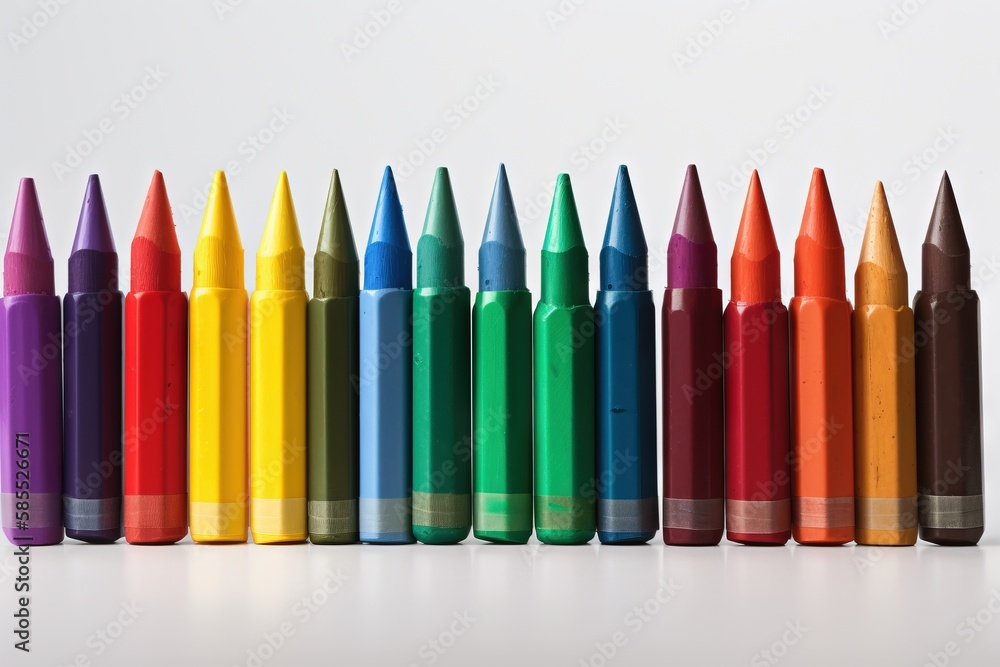 Poster a row of colored crayons lined up in a row on a white surface with one of the crayon crayons in fron