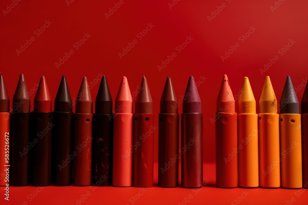 Poster a row of different colored crayons on a red background with a red background and a red wall in the b