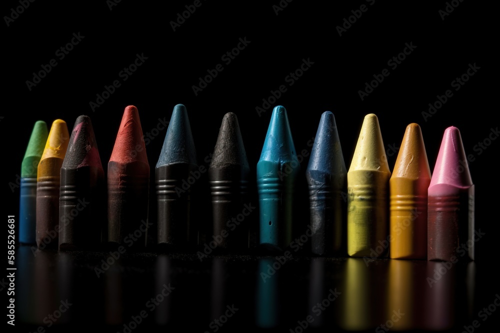 Poster a row of colored crayons on a black background with a reflection of the crayons on the ground and th