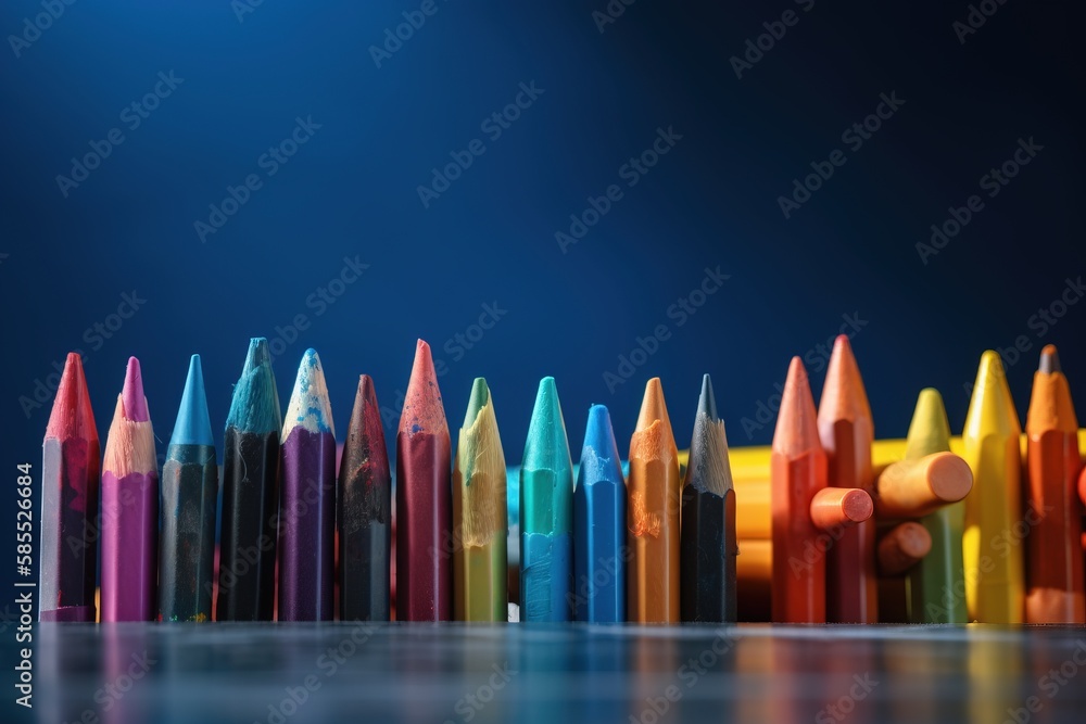 Poster a row of colored crayons sitting on top of a table next to a blue wall with a light shining on it an