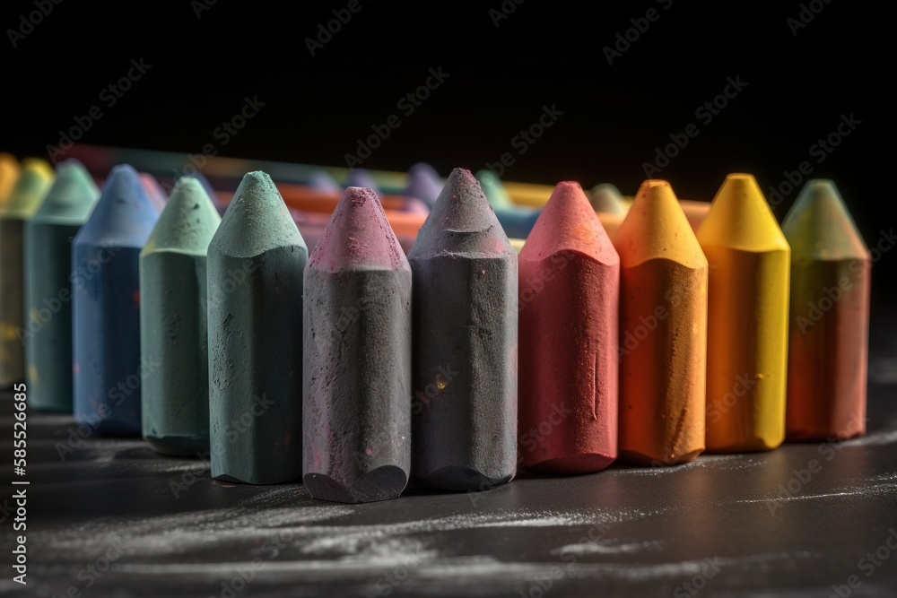 Poster a row of colored pencils sitting on top of a table next to a black background and a black background