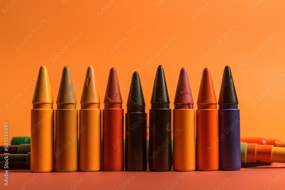 Poster a row of different colored crayons sitting on a table next to a orange background with a few crayons