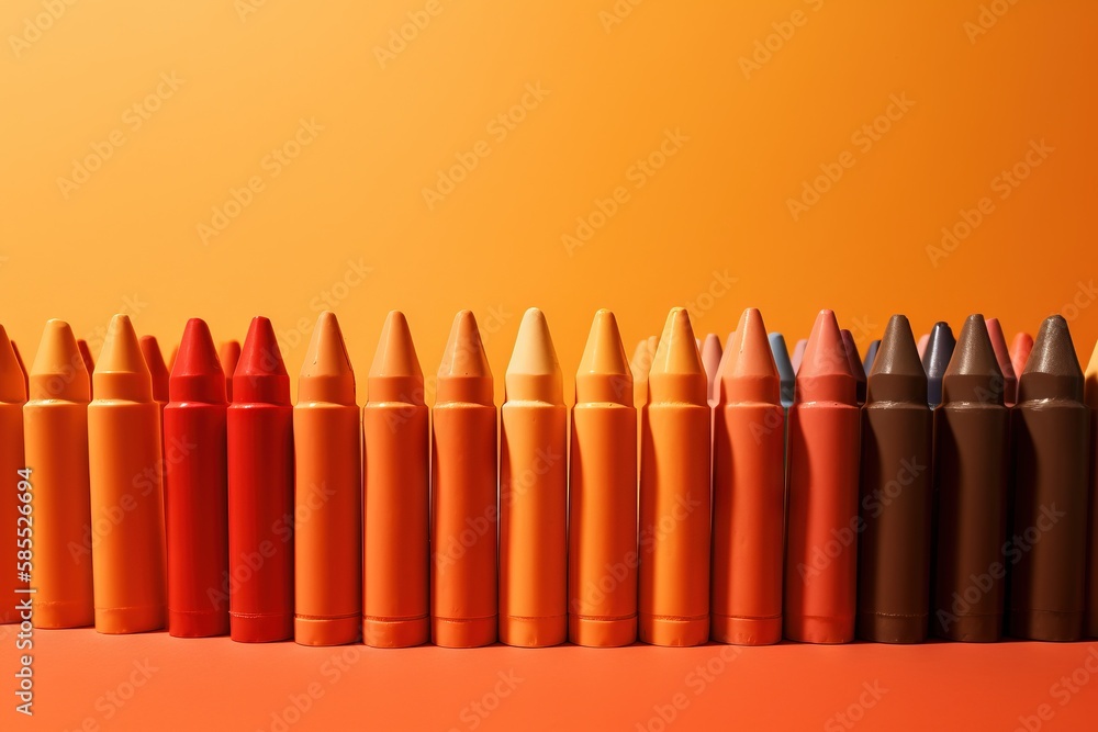 Aufkleber a row of orange and red crayons lined up against an orange background with a yellow wall in the back