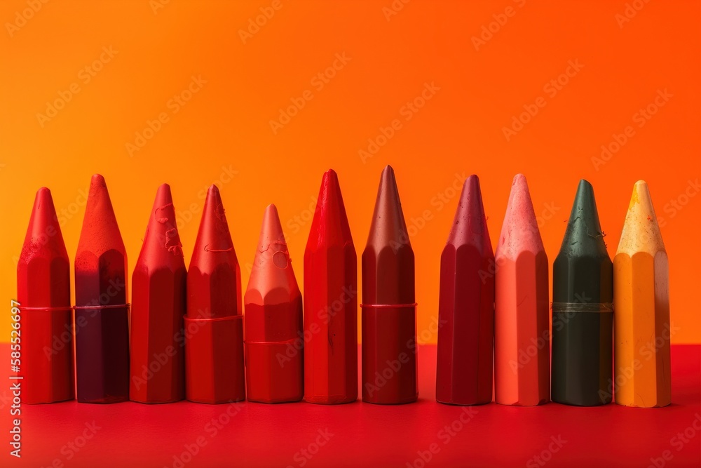 Poster a row of crayons sitting on top of a red table next to a yellow wall and a red wall in the back grou