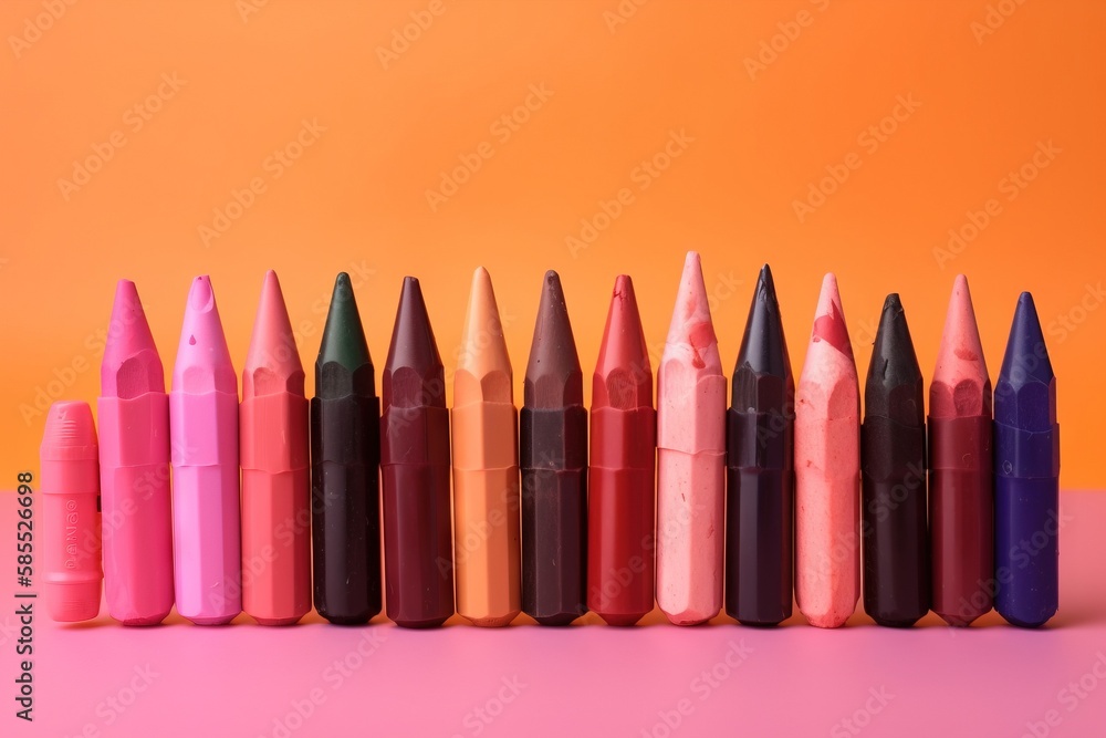 Poster a row of different colored crayons on a pink and orange background with an orange background and a p