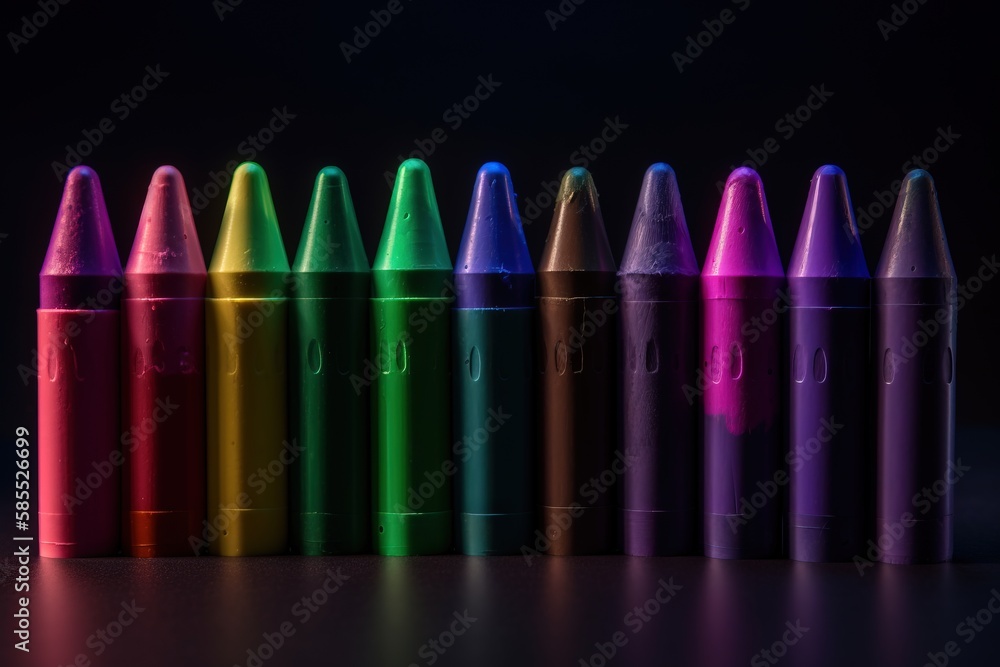 Poster a row of different colored crayons on a black background with a pink heart in the middle of the cray