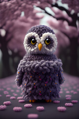 knitted cute owl in the spring landscape in the background, during cherry blossoms.  Idea for knitting. Generative AI	