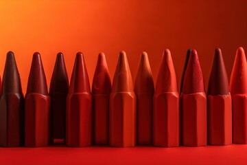 a row of red crayons sitting on top of a red table next to a red wall and a red wall behind them is a row of red crayons.  generative ai