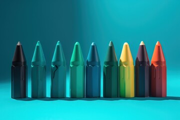  a row of different colored crayons on a blue background with a shadow of the crayon crayon crayons.  generative ai